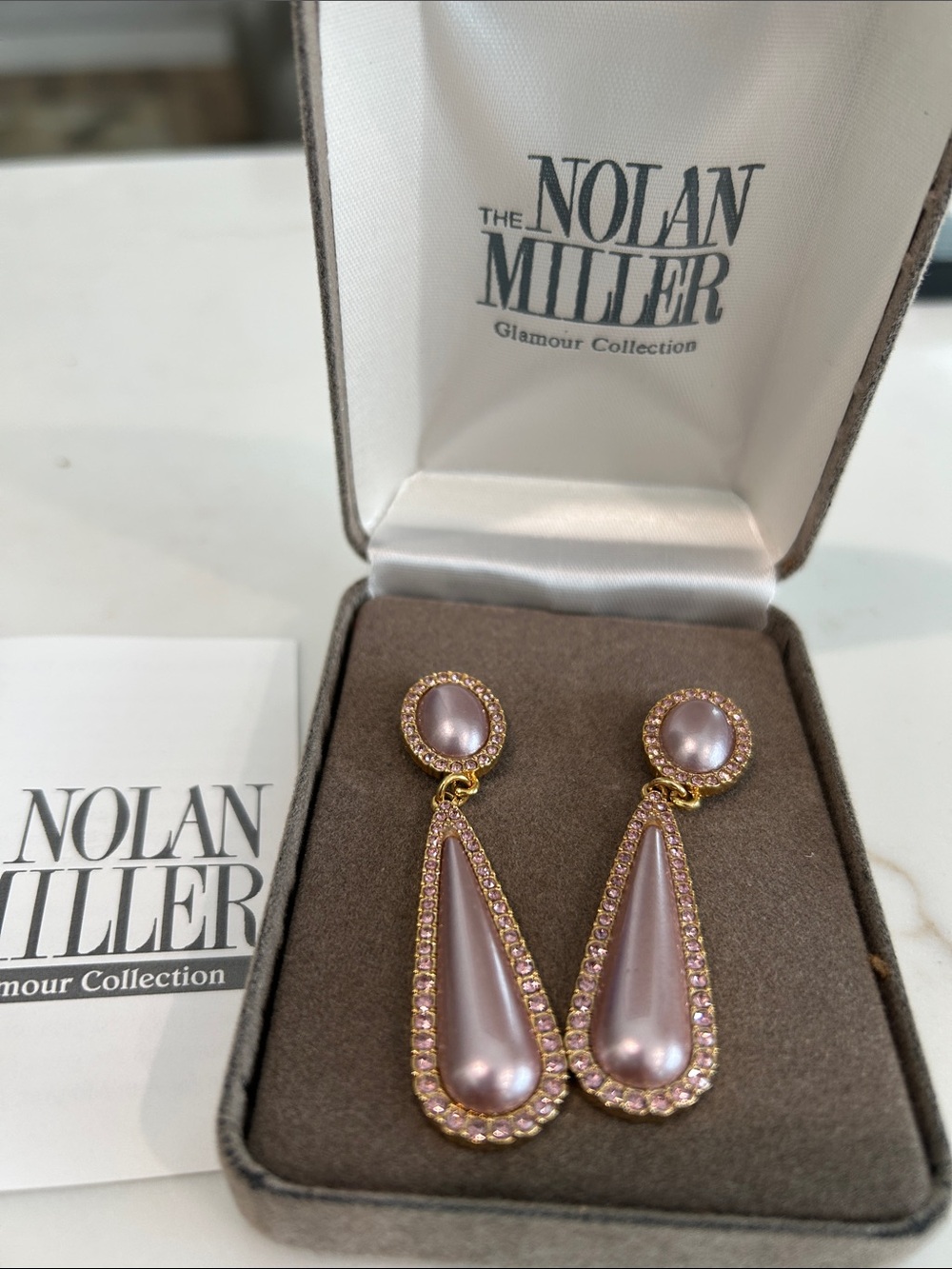 Nolan Miller Pink Opal trimmed in Gold plate Pearlescent Teardrop Drop Earrings